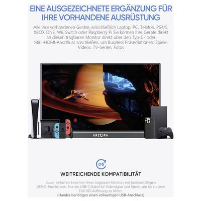 A TV screen displays gaming consoles and devices. Blue text highlights compatibility with various systems, emphasizing HDMI connectivity.