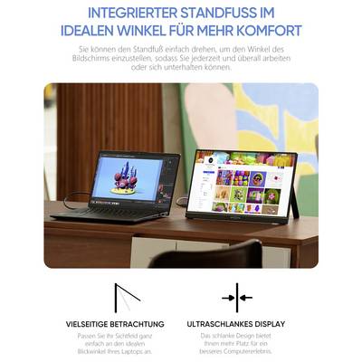 Two laptops on a wooden table displaying design software and a colorful app, with text about adjustable stand and viewing angles.
