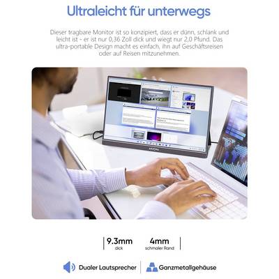 A person uses a sleek, ultra-portable monitor, highlighting its 0.36-inch thickness and 2.0-pound weight. Features dual speakers and metal casing.