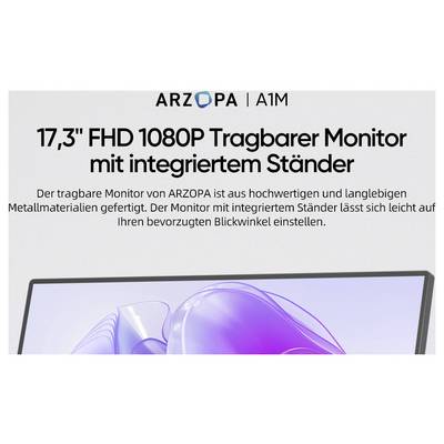 The image shows an advertisement for an 'ARZOPA 17.3" FHD 1080P portable monitor with integrated stand', featuring details about its high-quality metal materials and adjustable viewing angles.