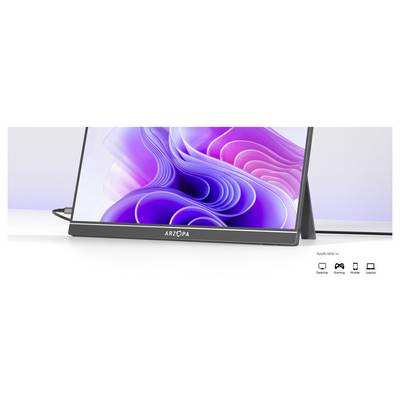 A slim, portable monitor with a vivid purple and pink swirl design on the screen and the brand name 'Arzopa' displayed on the front.