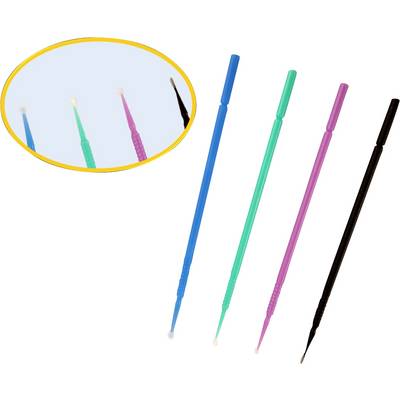 'Four micro brushes in blue, green, pink, and black, with a magnified view showing the fine tips.'