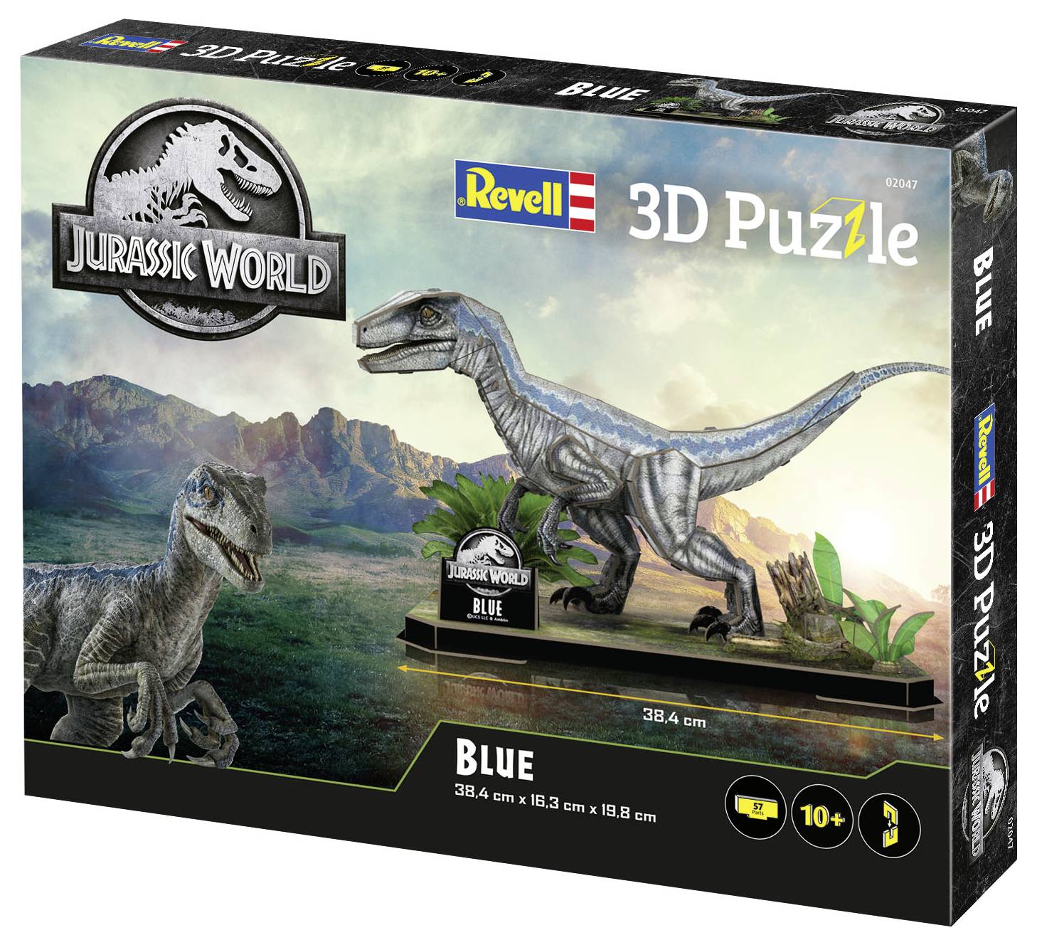 'Jurassic World 3D Puzzle' box showing a velociraptor model labeled 'Blue', suitable for ages 10 and up.