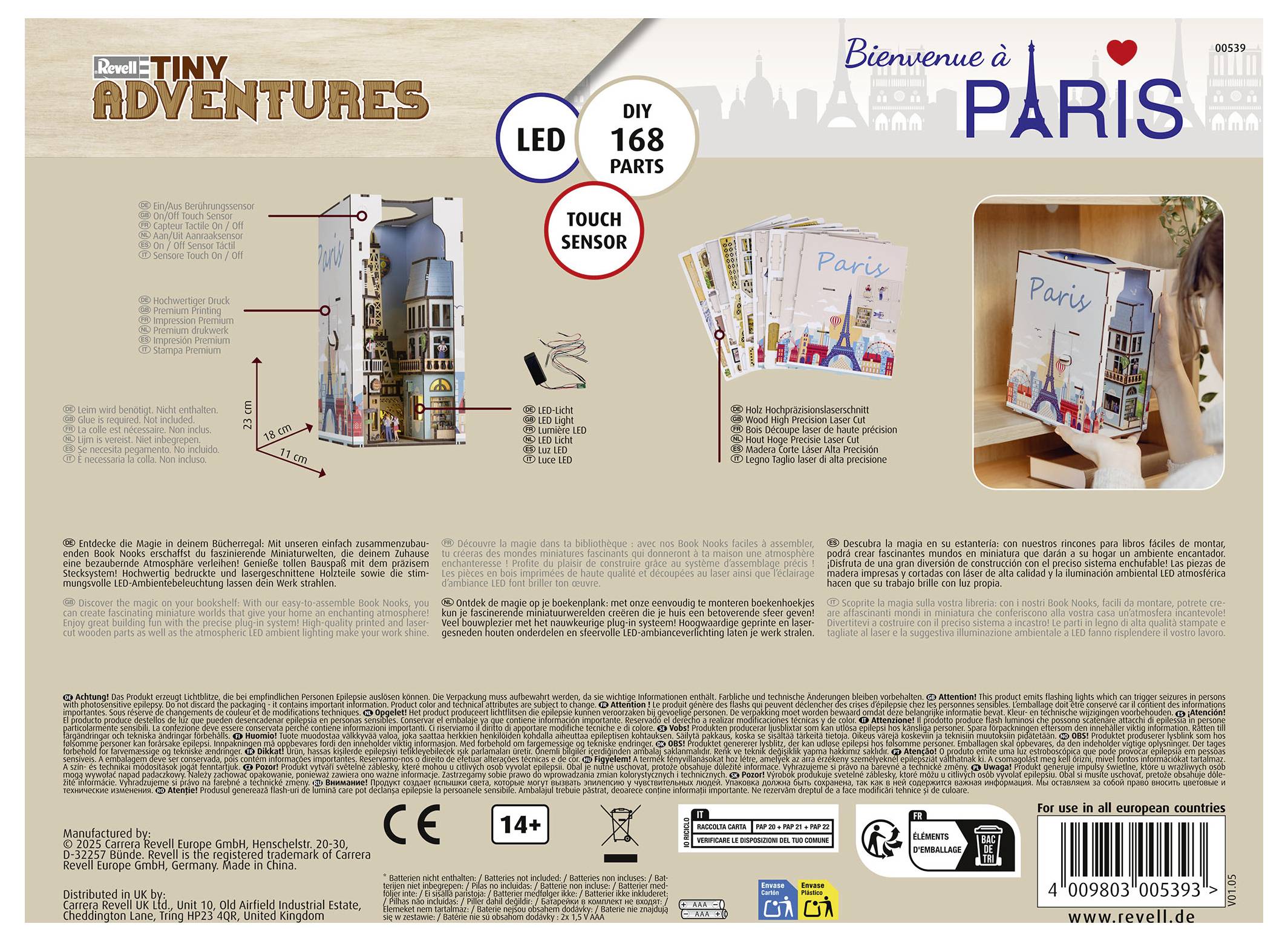 'Bienvenue à Paris' miniature model kit box with 'DIY 168 parts' and 'LED touch sensor'. Illustrations show Eiffel Tower build.