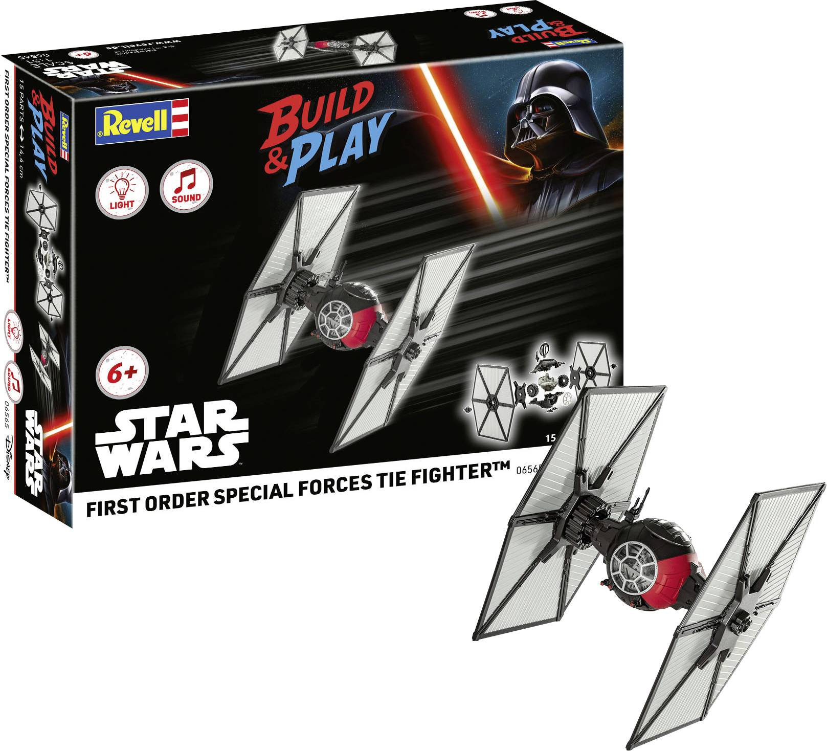 Star Wars First Order Special Forces TIE Fighter model kit box with image of completed model. Features 'Build & Play' and age 6+.