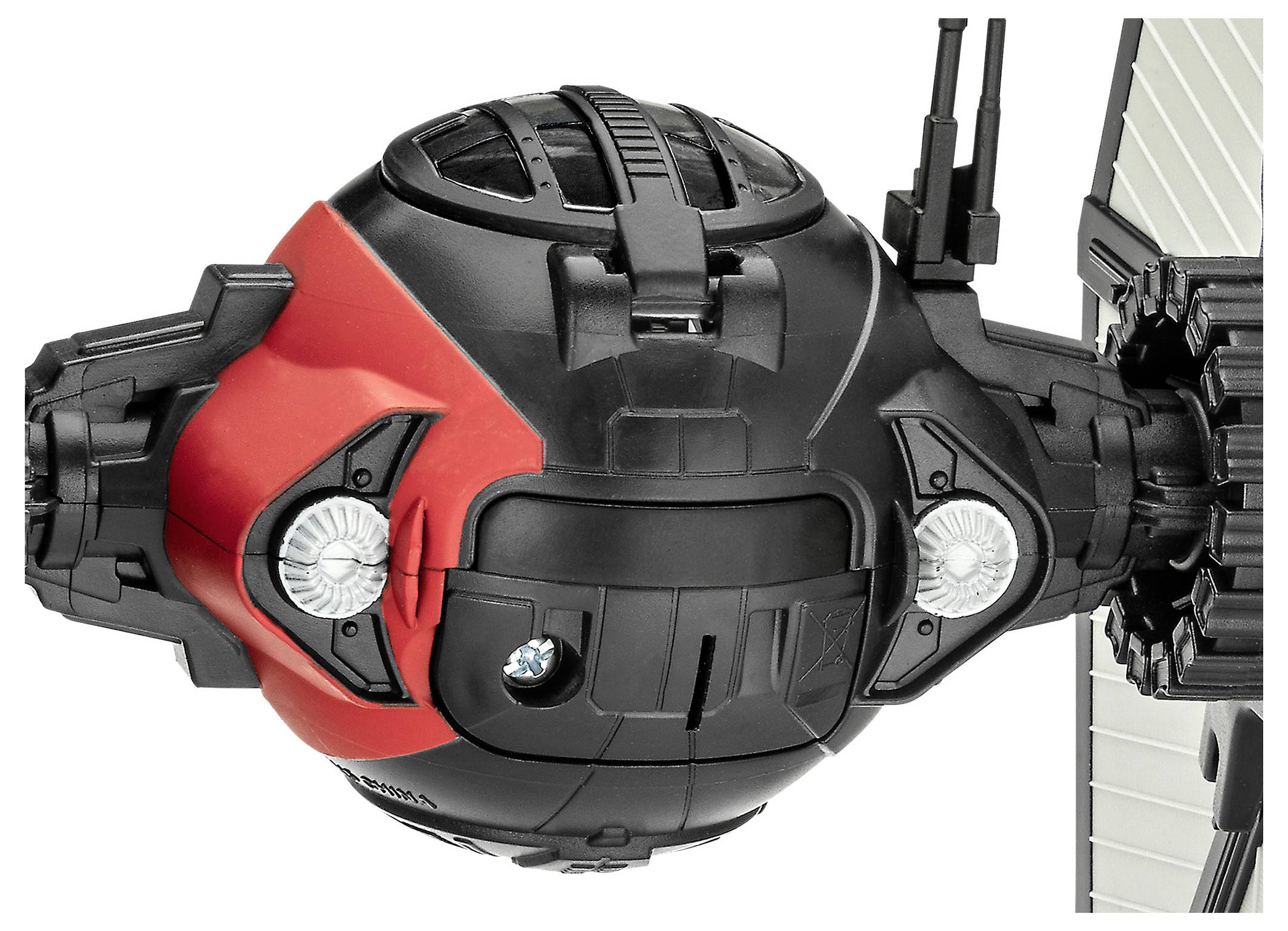 A spacecraft model with a black and red spherical body, featuring large solar panel wings and detailed textures, on a plain background.