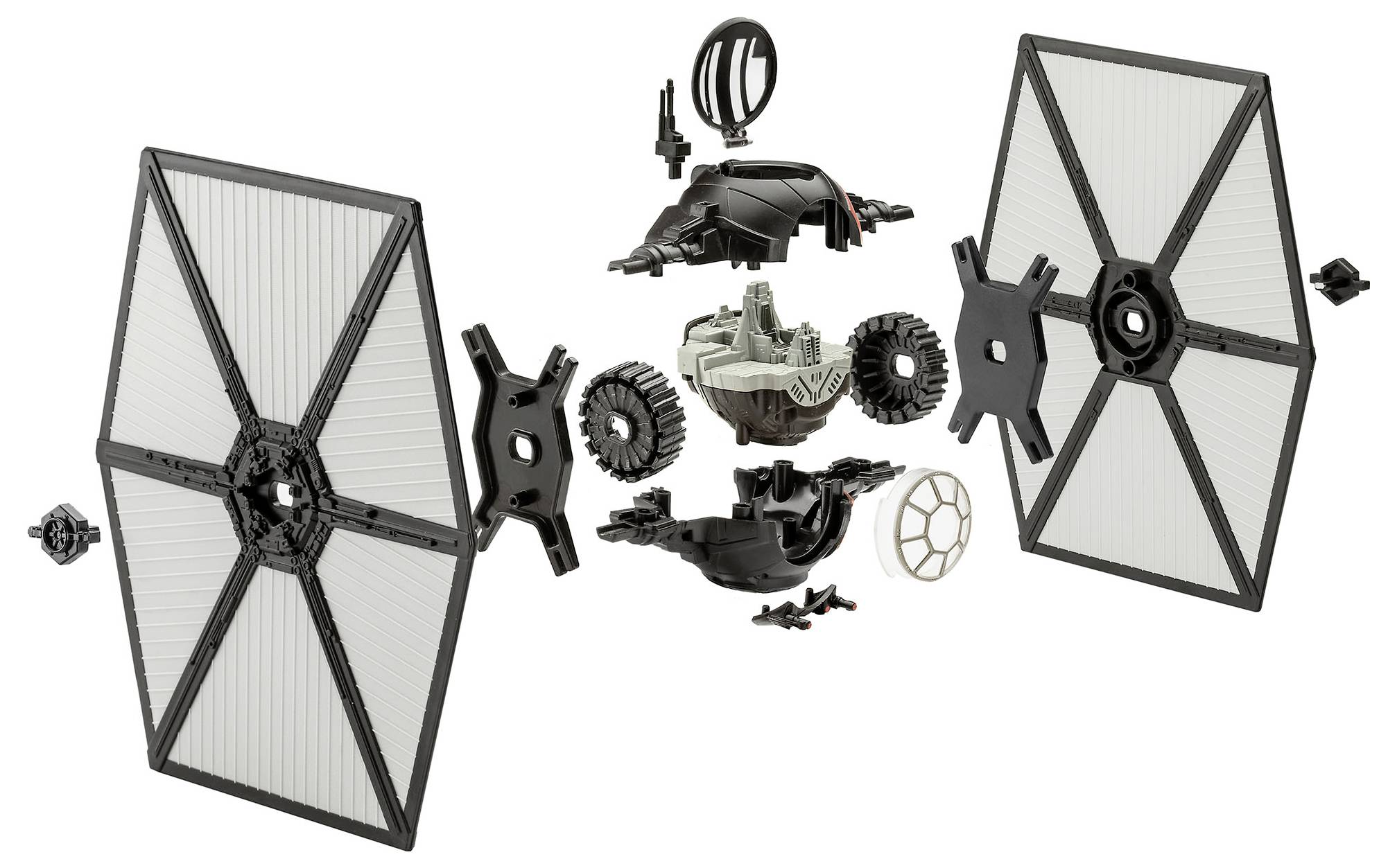 Exploded view of a TIE fighter toy showing individual parts including wings, cockpit, and connectors against a white background.