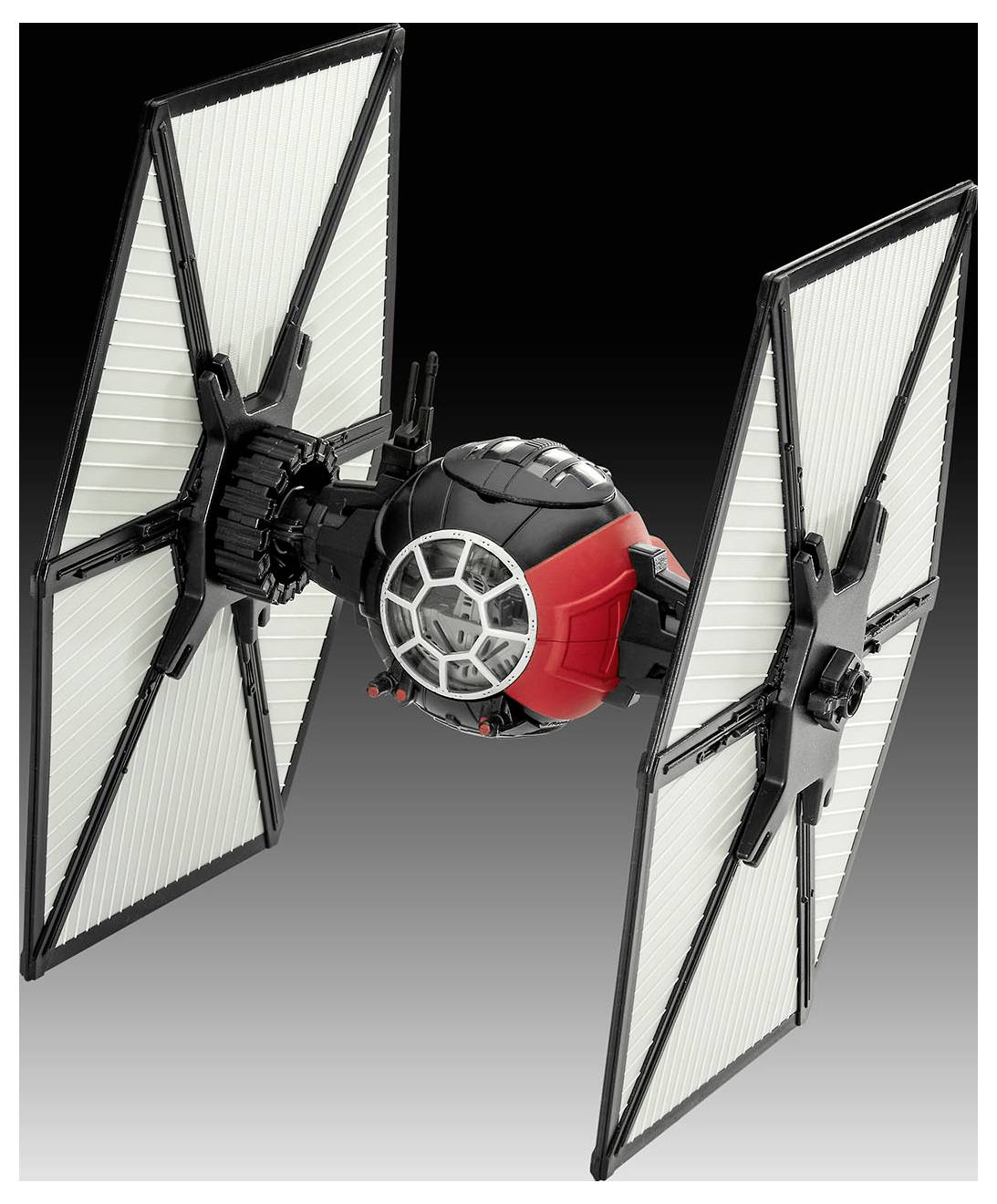 'A TIE Fighter with distinctive double wings and a red front against a gradient background, highlighting its iconic design.'