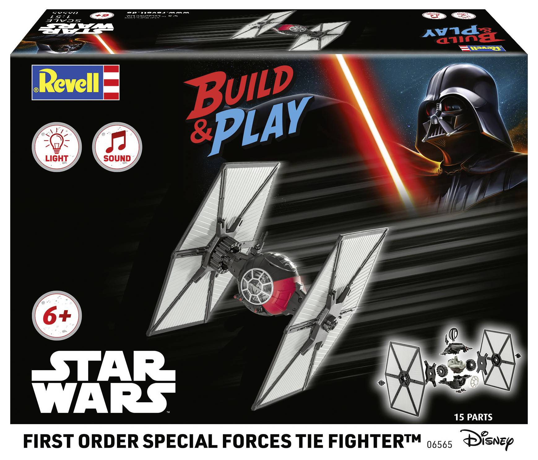 'Revell Build & Play' Star Wars Tie Fighter model kit packaging, featuring a Tie Fighter image, Darth Vader, for ages 6+, with light and sound features.