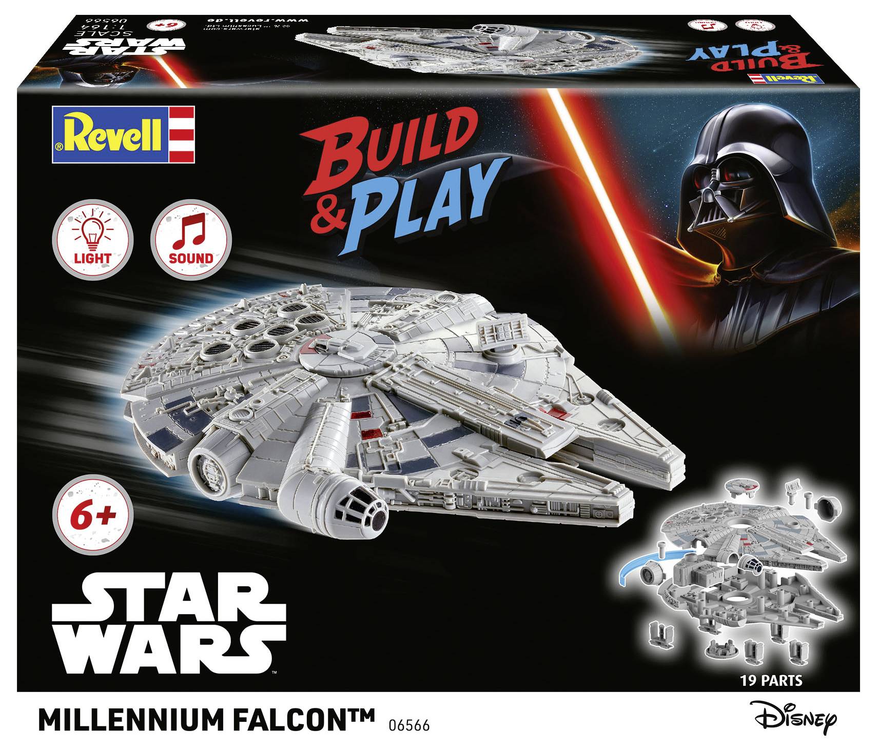 'Star Wars Millennium Falcon' model kit box featuring Darth Vader, lights and sound icons, and age suggestion 6+. Includes 19 parts.