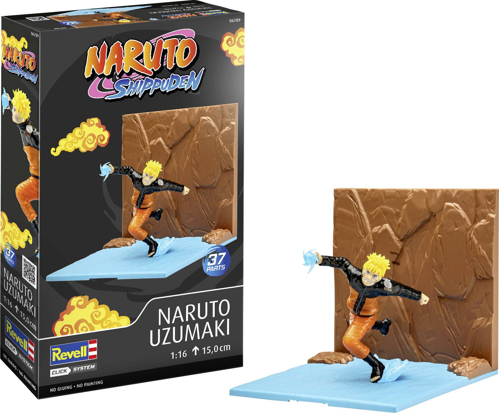 'Naruto Uzumaki' model kit box showing an assembled action figure performing a dynamic pose against a rocky backdrop.