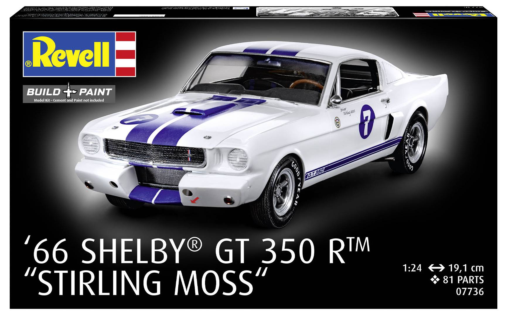 'Revell model kit: '66 Shelby GT 350 R™ Stirling Moss, 1:24 scale, 81 parts. Image shows white car with blue stripes, number 7.'