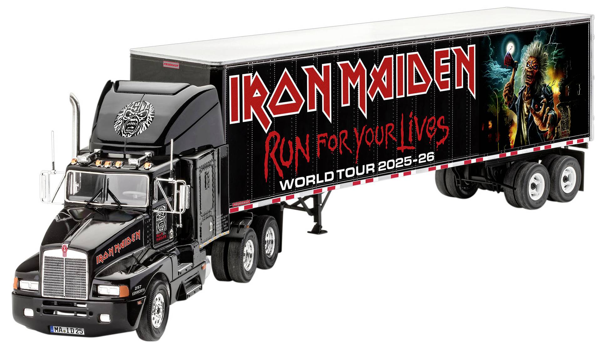 A black semi-truck with 'Iron Maiden' and 'Run for Your Lives World Tour 2025-26' on the trailer, depicting a concert theme.