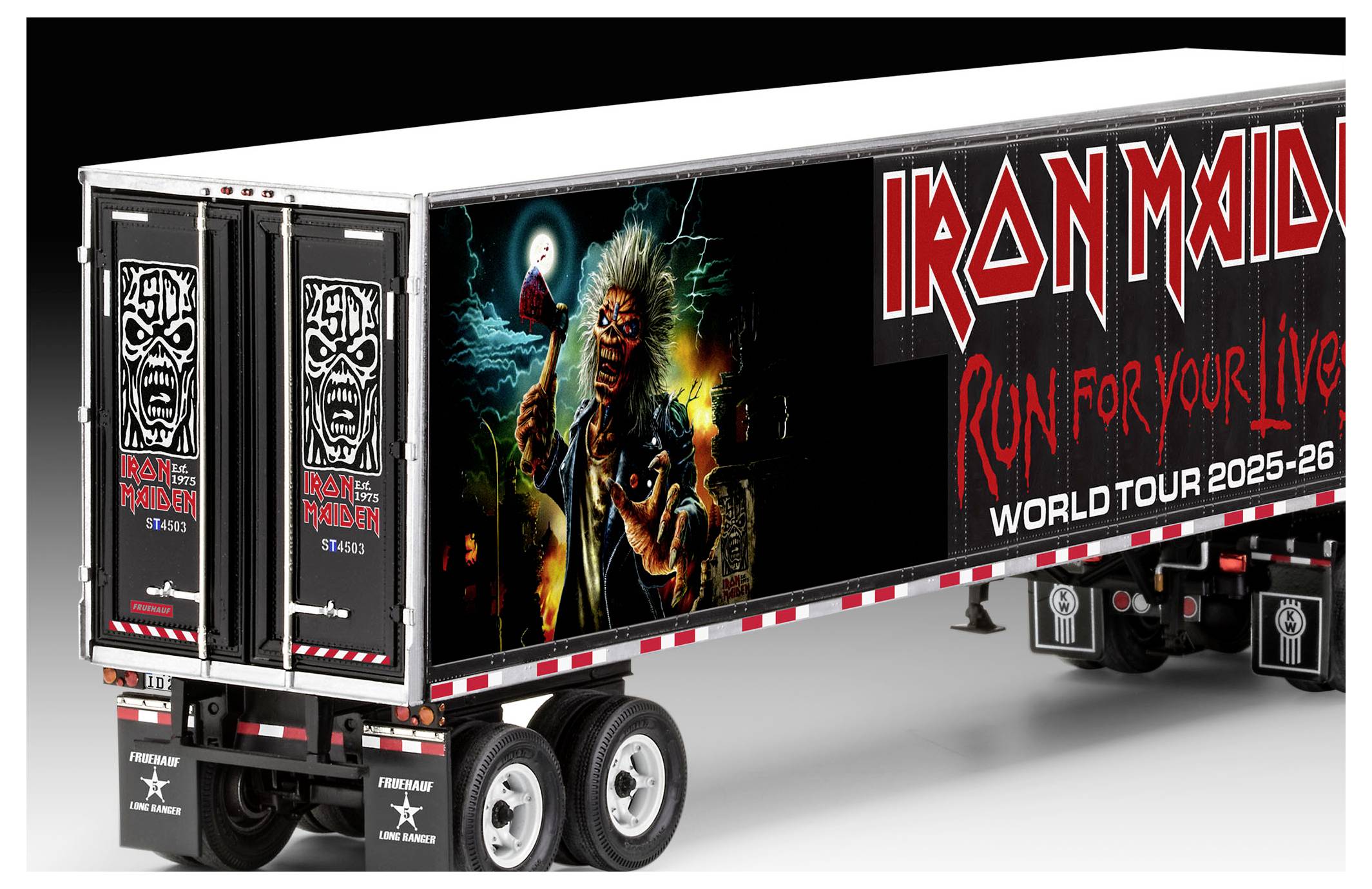 A trailer with 'Iron Maiden' branding, featuring artwork of a skeletal figure and text 'Run for Your Lives World Tour 2025-26'.