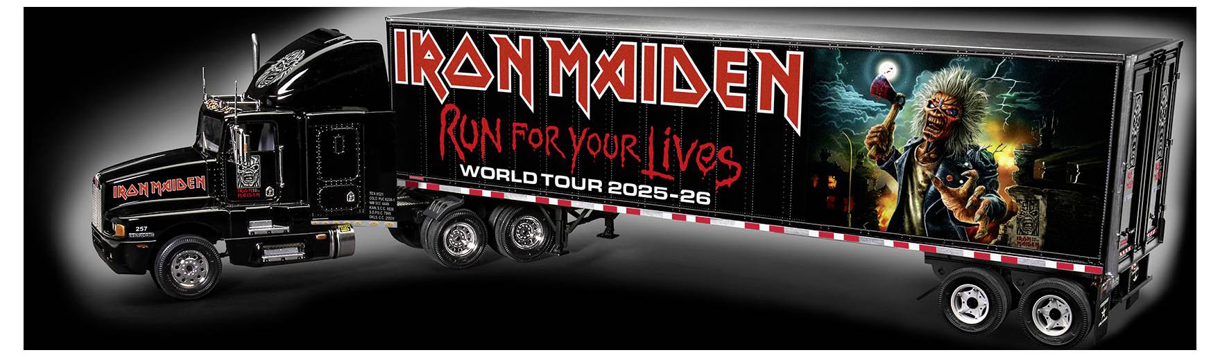 A black semi-truck with 'Iron Maiden' and 'Run for Your Lives World Tour 2025-26' printed on it, featuring a vivid artwork of a skeleton.
