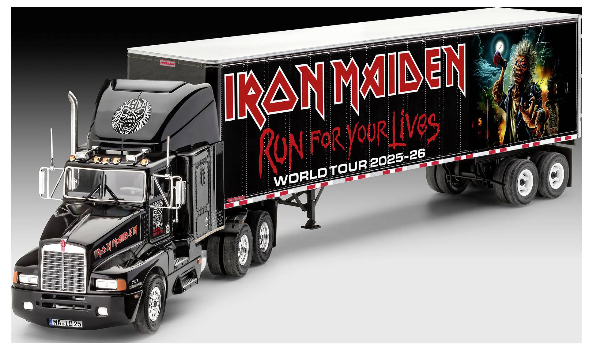 A black truck with 'Iron Maiden' and 'Run for Your Lives World Tour 2025-26' on its trailer, featuring tour graphics on the side.