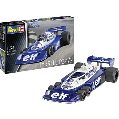 Revell model kit of Tyrrell P34/2 race car, showing blue and white car with 'elf' and 'First National City' logos, and packaging.