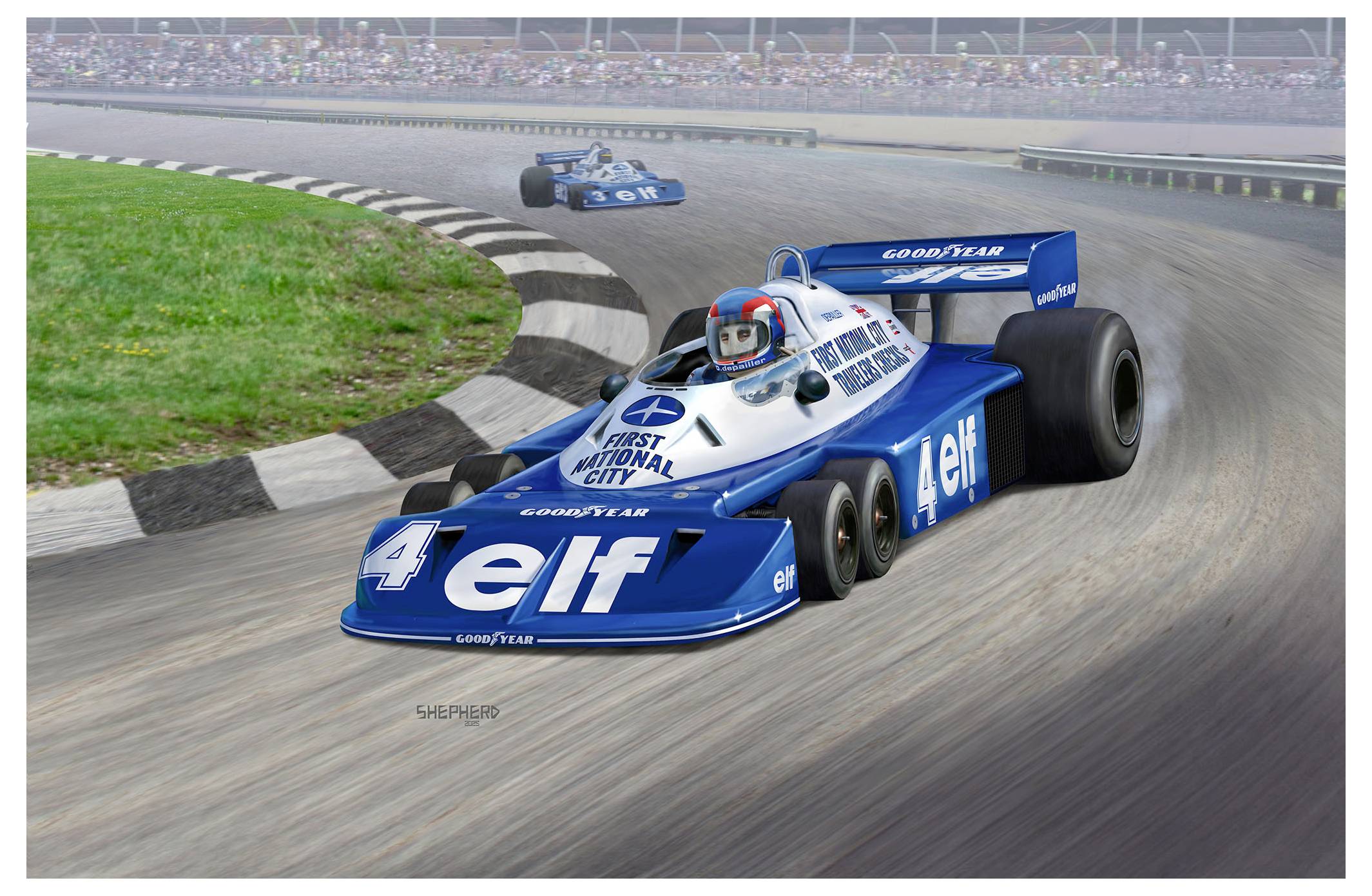 A blue race car with 'elf' and number 4 branding leads on a track, followed by another car. Racing fans visible in the background.