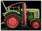 A vintage green tractor with red wheels, seen from the side against a black background. The tractor features a vertical orange stripe.