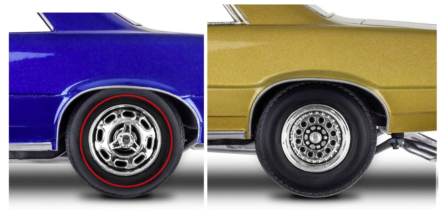 A side-by-side comparison of two car tires: the left tire has a red outline, and the right tire does not. Both are mounted on different styled rims.