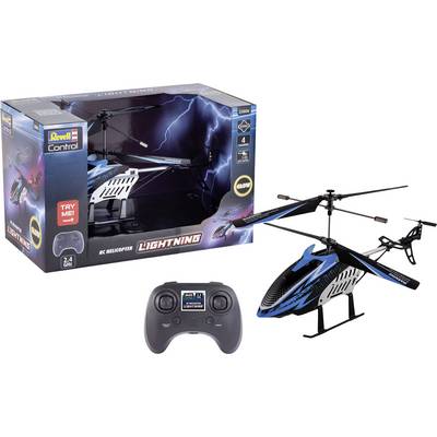 RC Helicopter 'Lightning' by Revell Control, features lightning design, 2.4 GHz control frequency, four-channel remote, and glow effect.