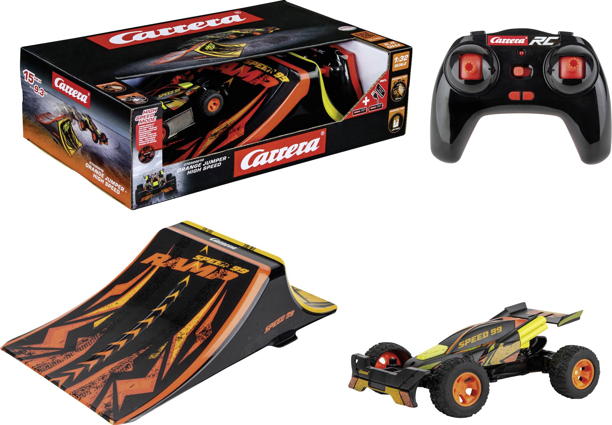 A remote-controlled car set featuring a black and orange car, a ramp, and a handheld controller. The box displays the 'Carrera' brand.
