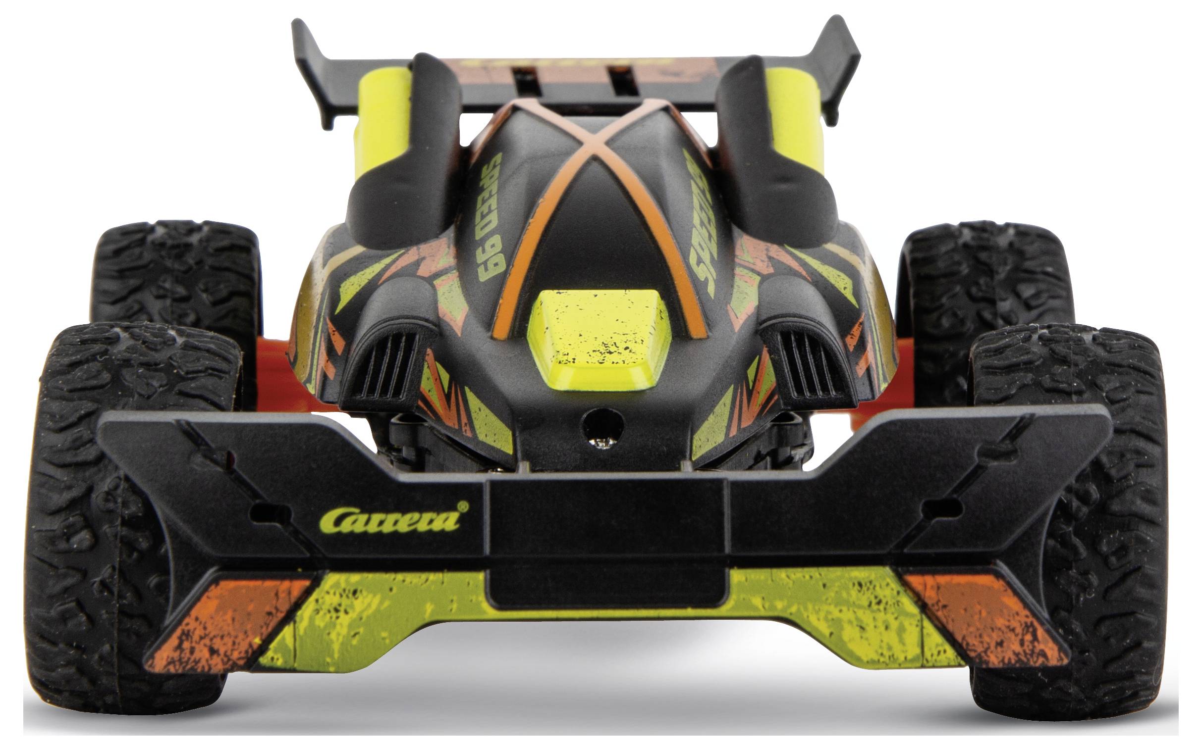 'Front view of a toy racing car with bold orange and yellow stripes. It has large, rugged tires and a spoiler at the rear, featuring the brand name.'