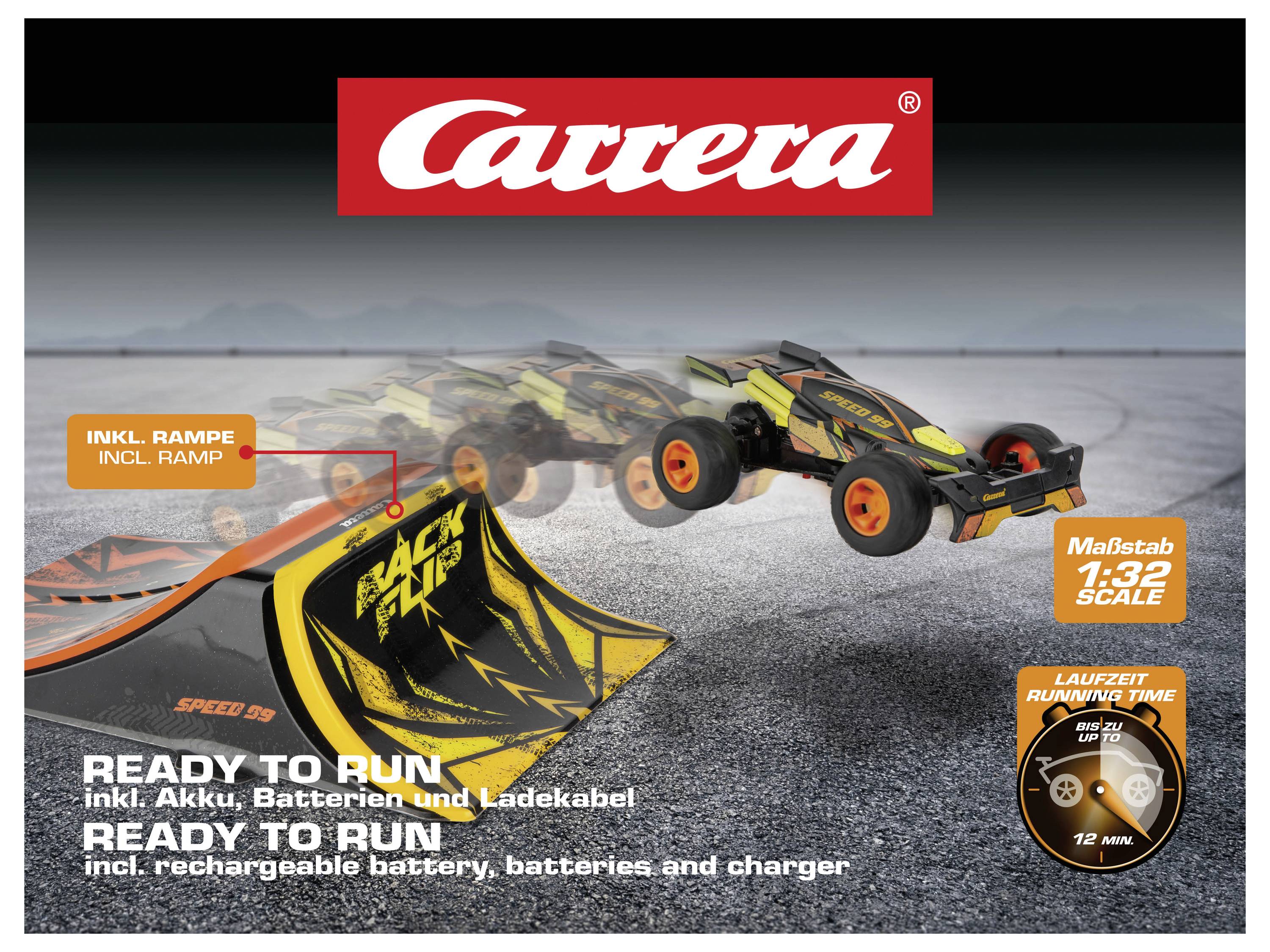 'A Carrera toy car jumps off a ramp with text: READY TO RUN, including battery, charger. Features MegaStep, 1:32 scale, 12 min run time.'