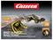 'A Carrera toy car jumps off a ramp with text: READY TO RUN, including battery, charger. Features MegaStep, 1:32 scale, 12 min run time.'
