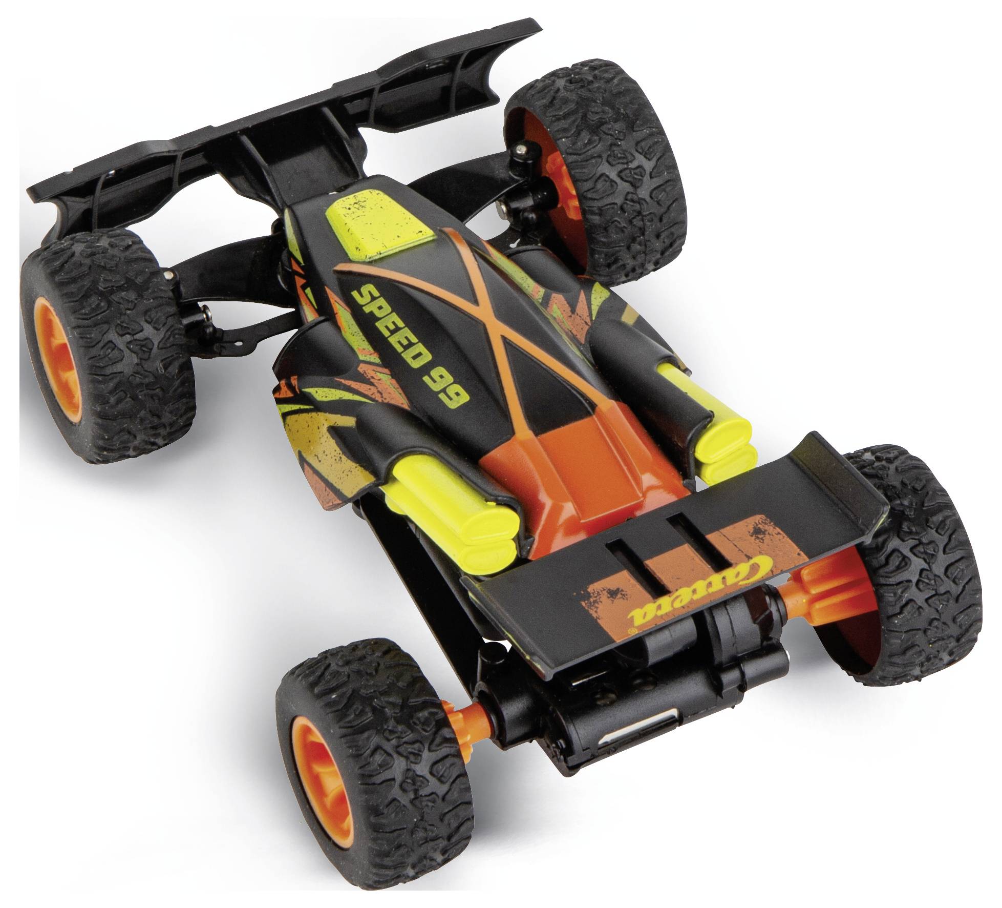 A toy racing car with the text 'Speed 99' on its side, featuring large off-road tires, vibrant graphics, and a rear spoiler.