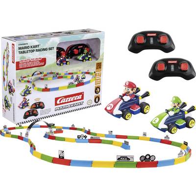 'Carrera Mario Kart Tabletop Racing Set' featuring two small cars of Mario and Luigi with controllers and a colorful track.
