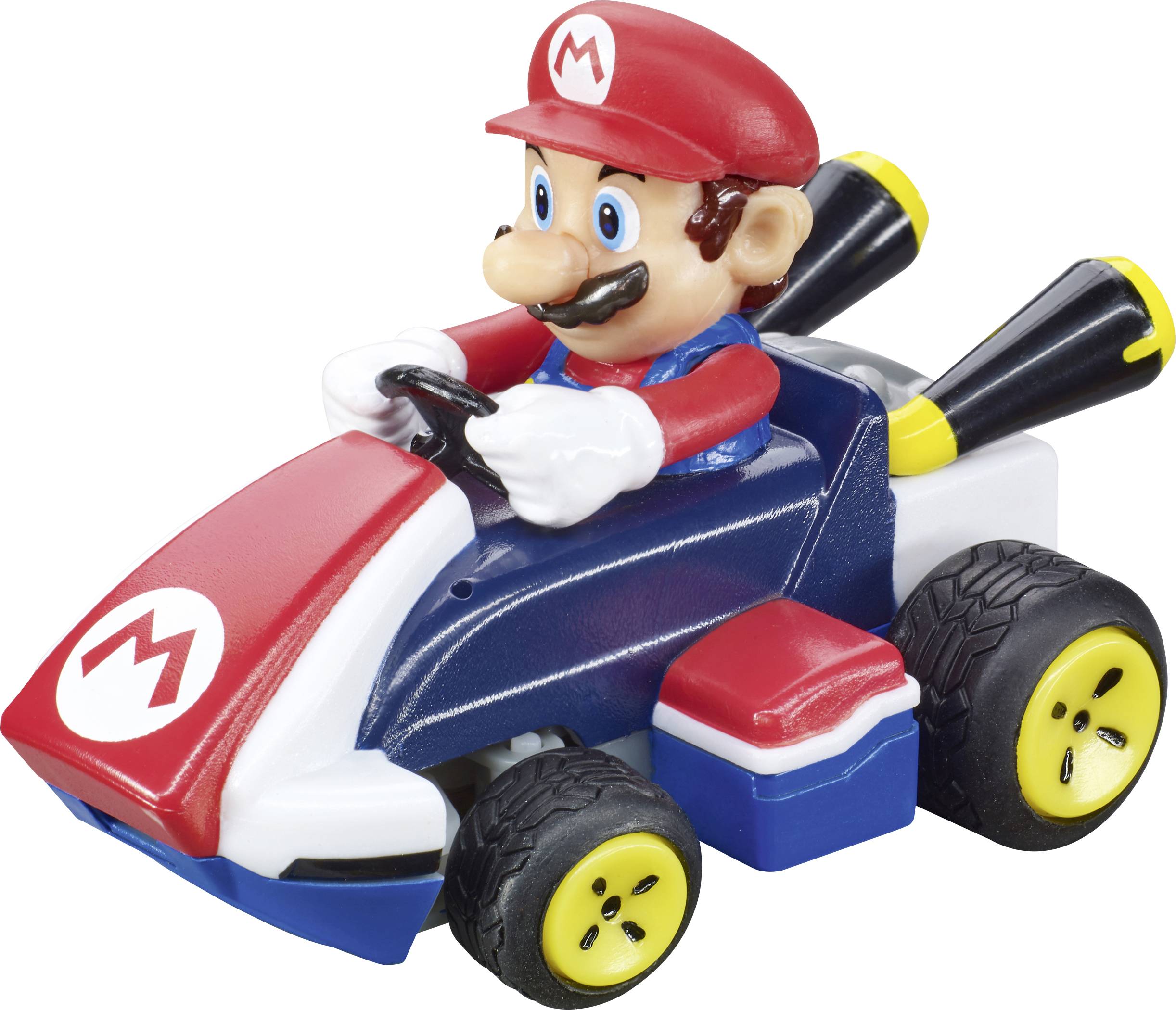 A toy character in a red hat and blue outfit sits in a blue and white toy kart with large wheels, resembling a racing car.