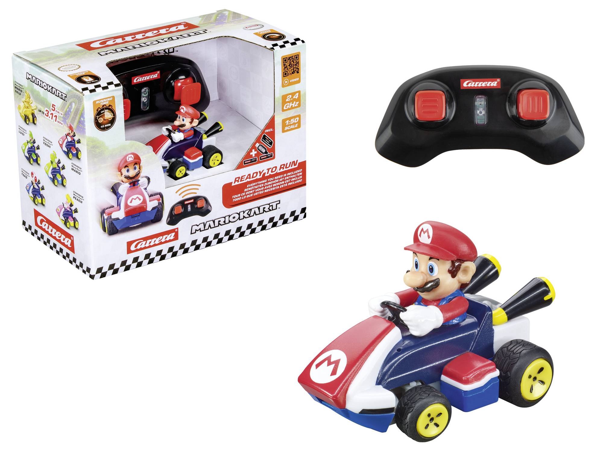 'Remote control Mario Kart toy set with a mini Mario figure in a racing kart and a black wireless controller, shown next to its box.'