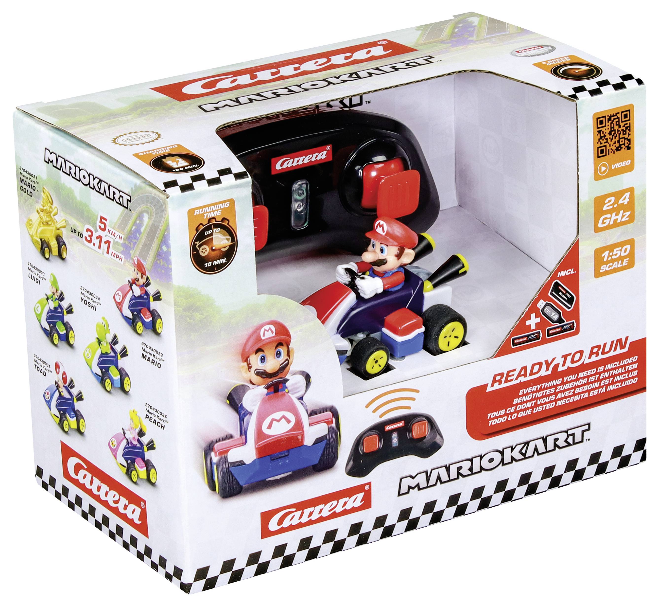 Remote control toy car packaging featuring a mini kart with a character in a red hat. Includes a controller and 'Ready to Run' text.