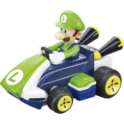 A toy car with a cartoon character wearing green, holding the steering wheel. The car has yellow wheels and black exhaust pipes.