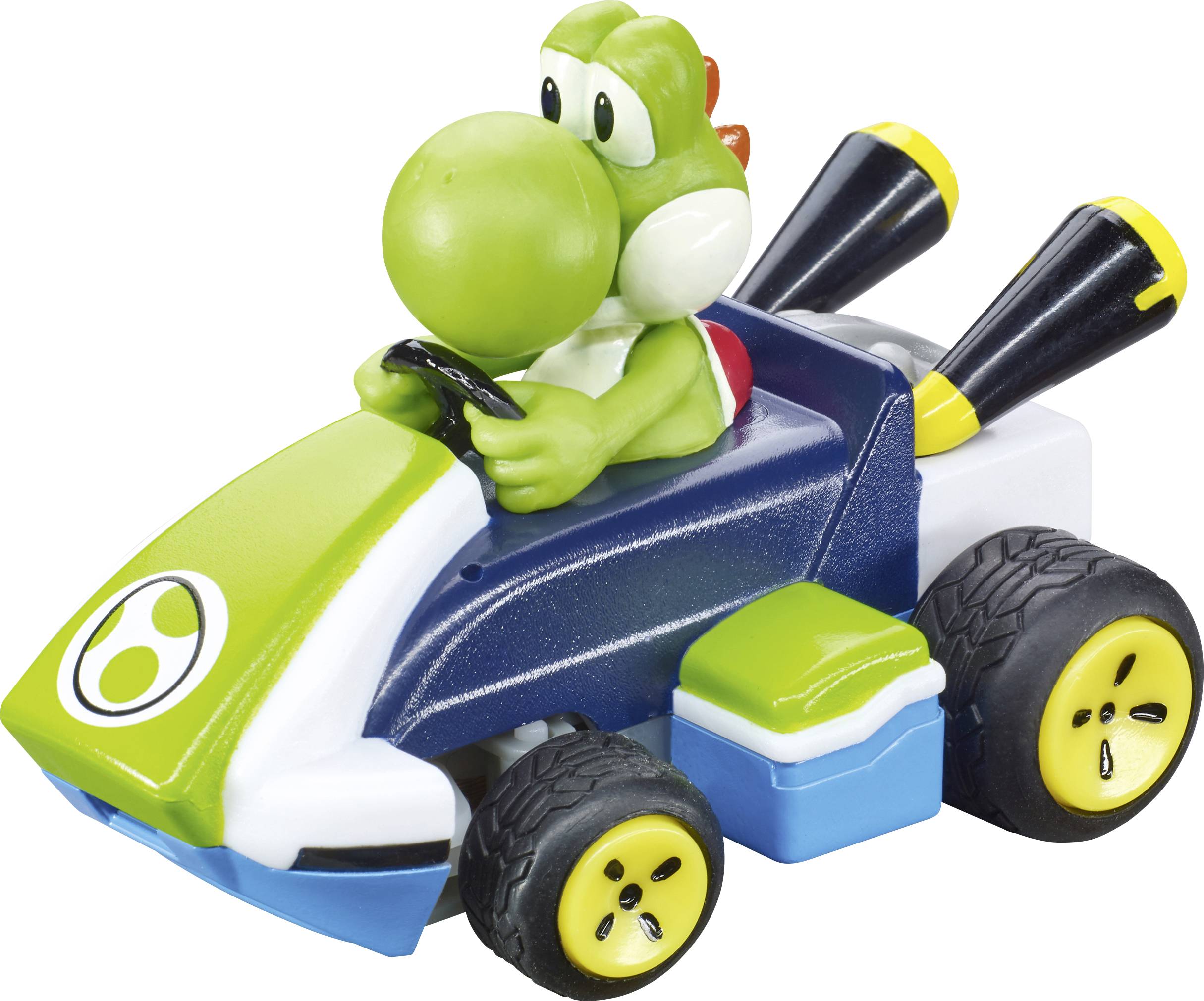 A small toy car with a green dinosaur character driving it, featuring a sporty design with large black wheels and bright yellow accents.