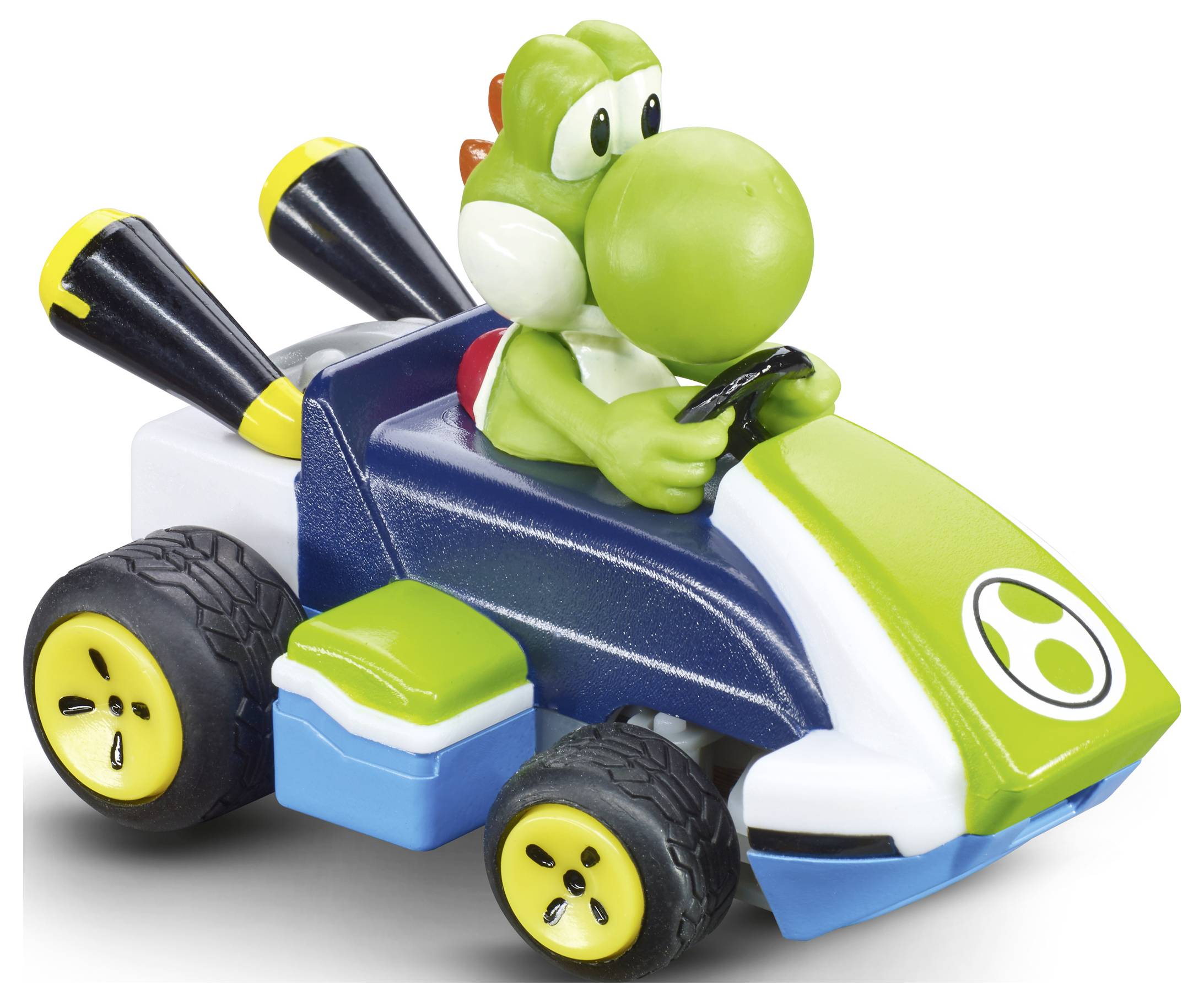 A green, cartoon dinosaur character driving a small, colorful toy race car with large yellow wheels and twin exhaust pipes at the back.