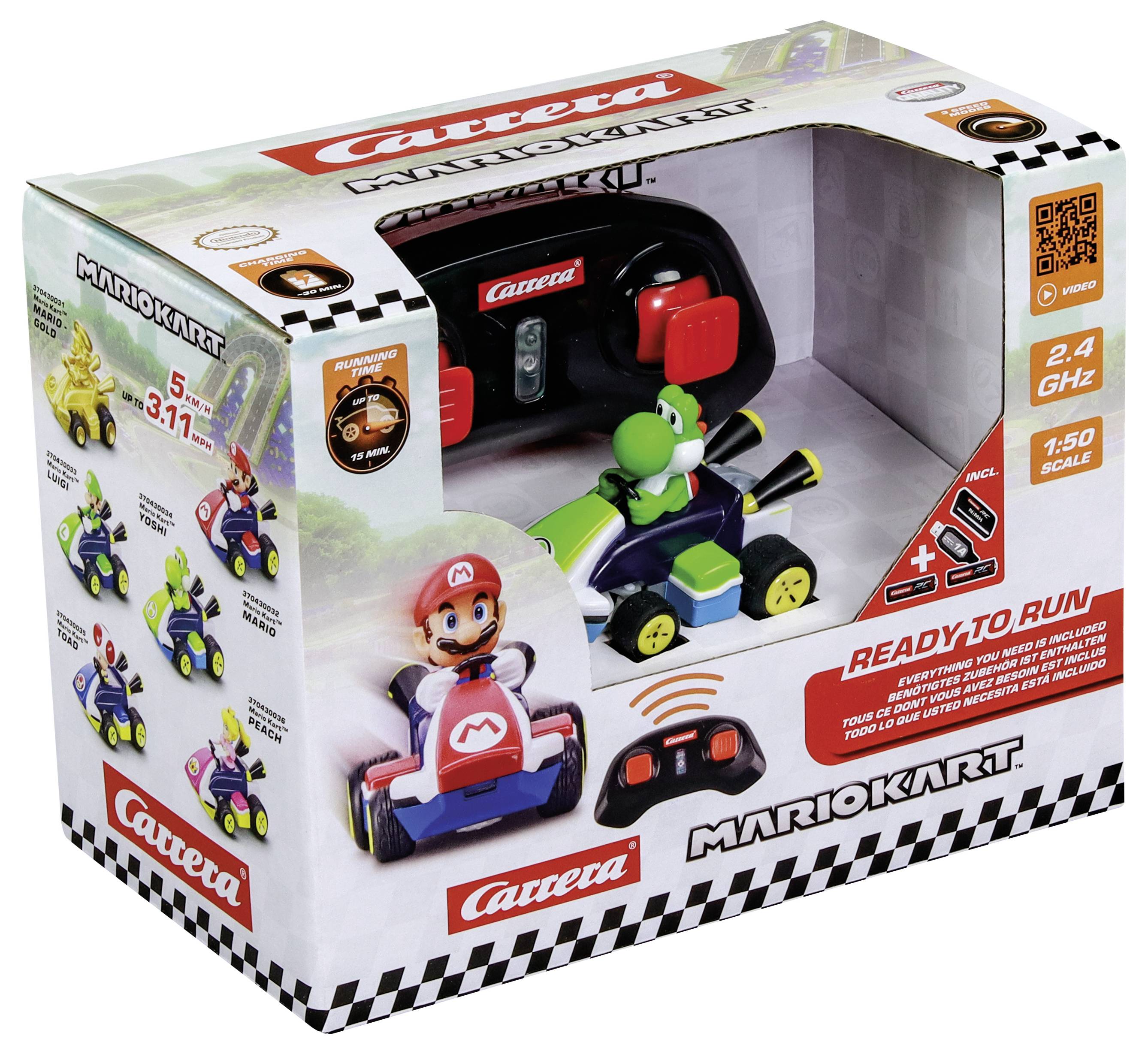 'Carrera Mario Kart' remote control car toy set featuring Yoshi character, scale 1:50, ready-to-run, suitable for ages 3+, 2.4 GHz.