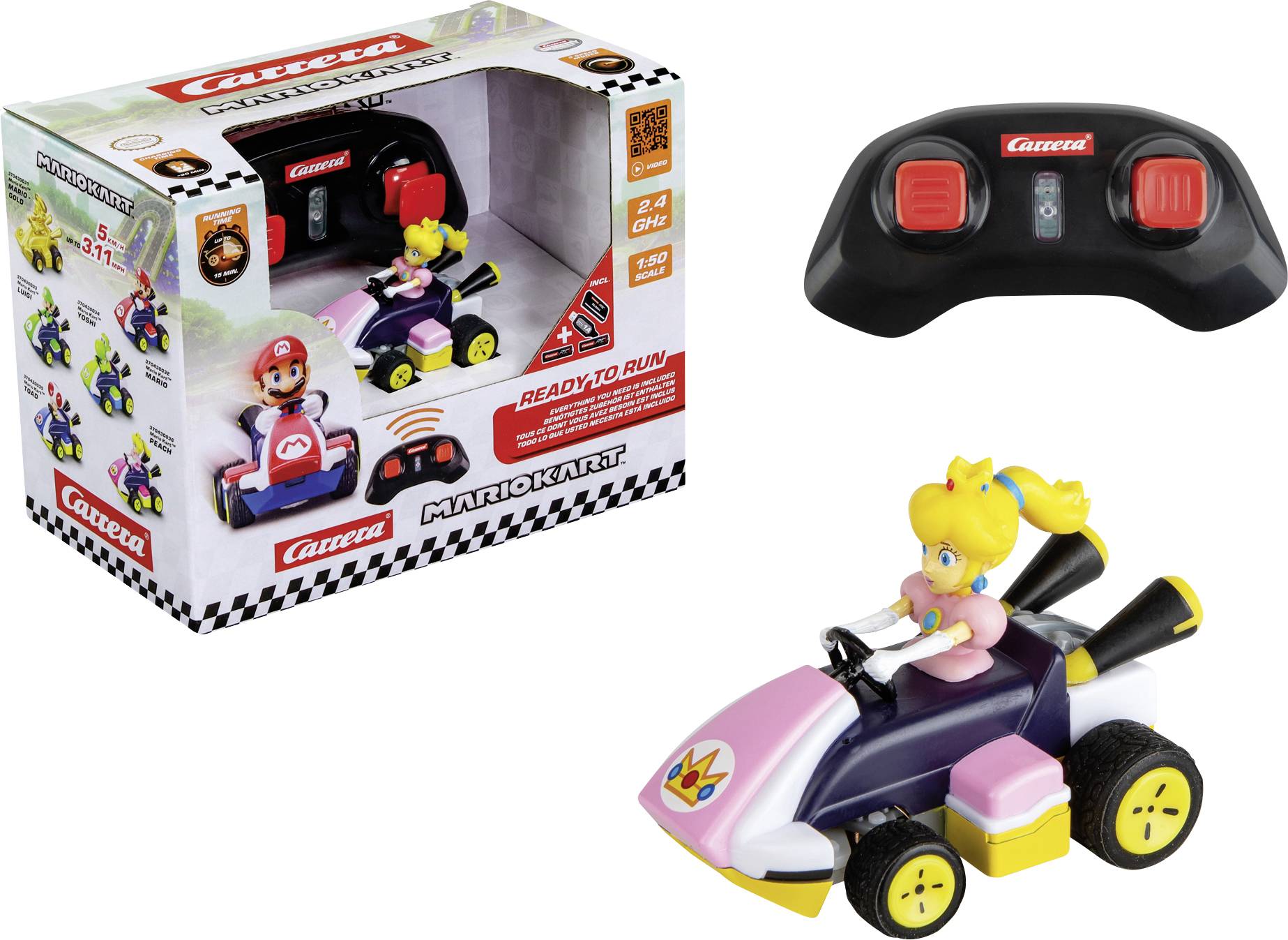 A toy box contains a 'Carrera Mario Kart' remote control car featuring a character in a pink outfit. A black controller is included.