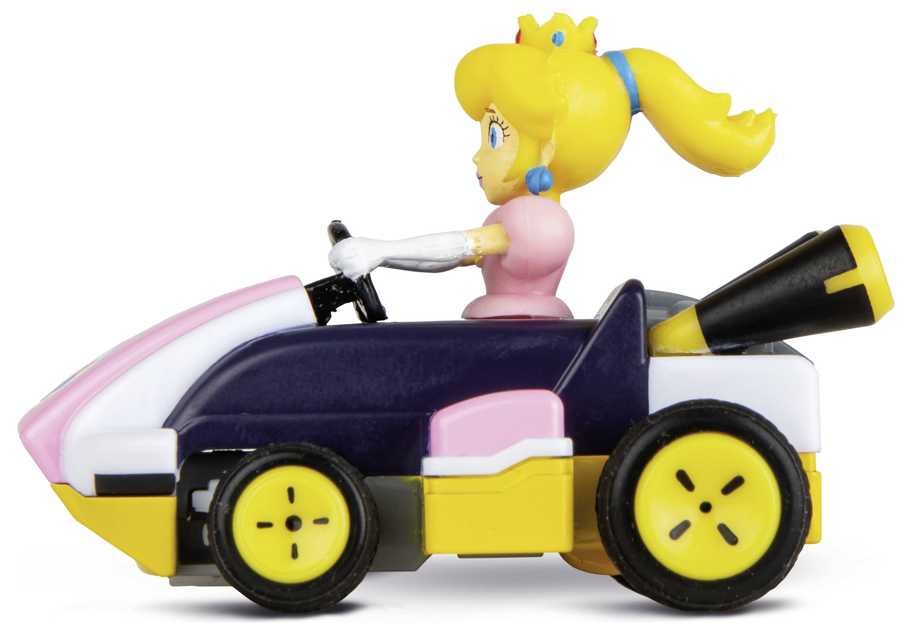 A toy figure of a princess character driving a yellow and pink go-kart, depicted as part of a video game-themed collection.