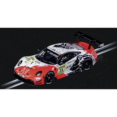 A race car with red, white, and black graphics, featuring number '24' and various sponsorship logos, shown on a textured dark background.
