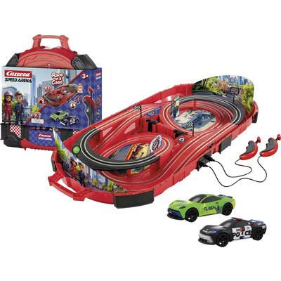 Red toy race track in suitcase shape with two controllers and two toy cars, one green and one police-themed, from Carrera Speed Arena.