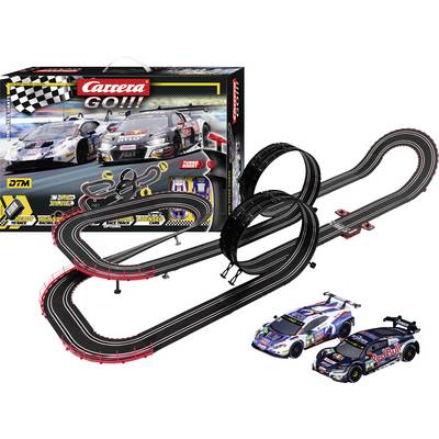 Toy race track set with black tracks featuring sharp curves and loops. Includes two detailed race cars. Packaging shows track layout and cars in action.
