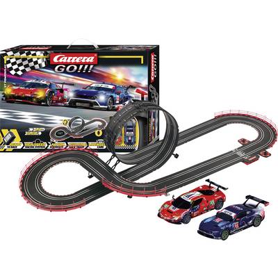 Racing car track set with two sports cars and loop. Box features colorful racing imagery and branding 'Carrera GO!!!'.