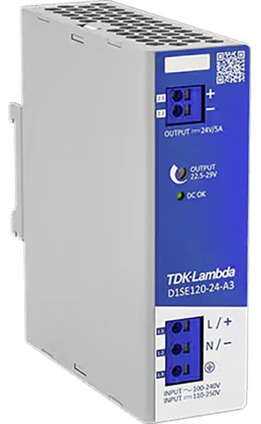 TDK-Lambda D1SE120-24-A3 power supply module, features input and output voltage ports, labeled controls, with a compact design.