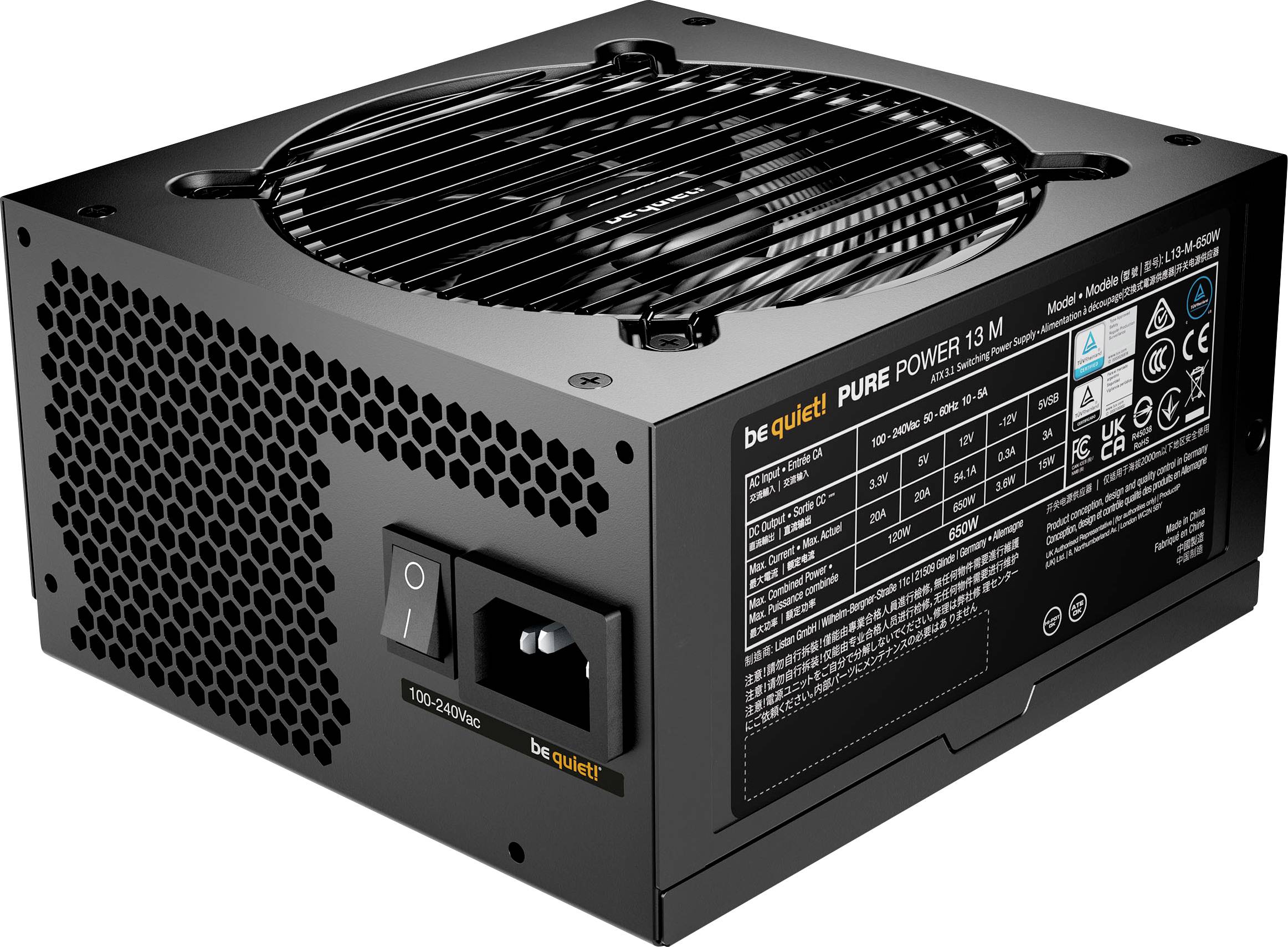 A be quiet! Pure Power 13 M power supply unit with a cooling fan, power switch, and a label detailing technical specifications and certifications.