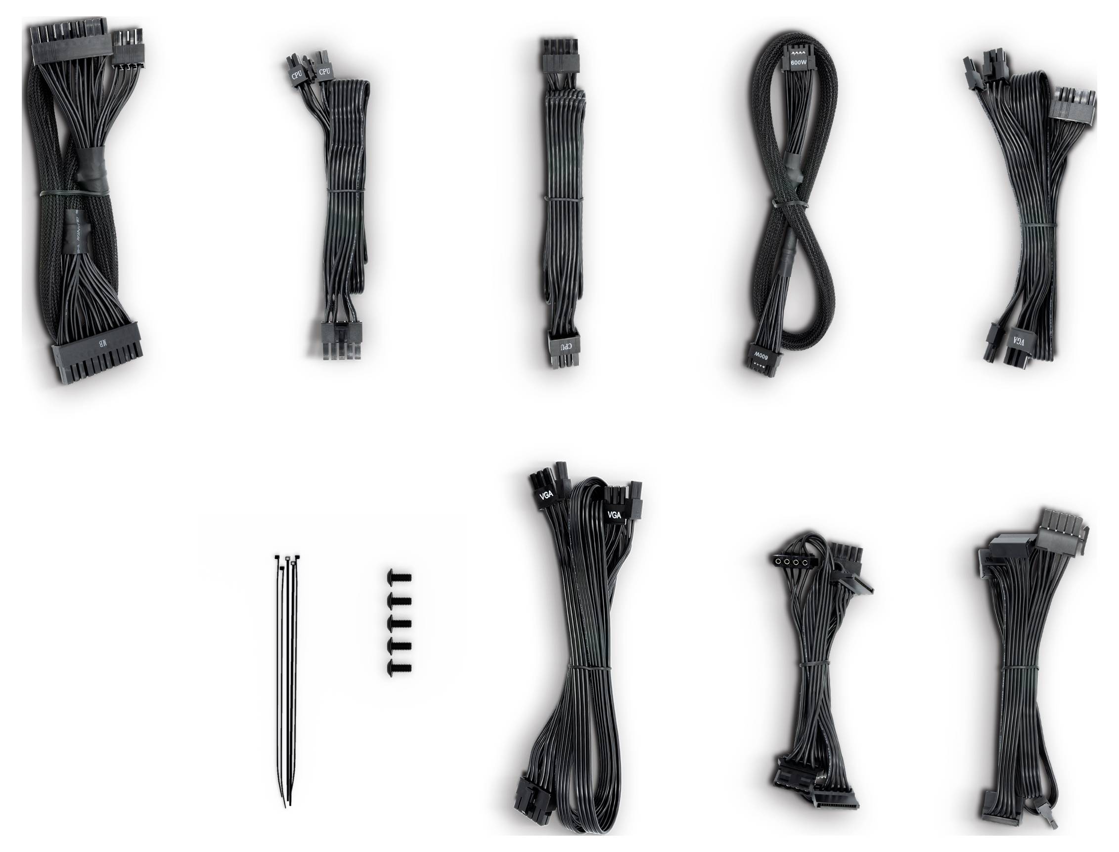 A set of organized black computer power cables with connectors and fasteners, neatly arranged against a white background.
