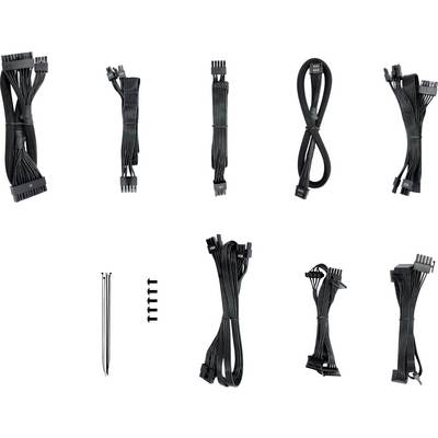 'Set of various black computer cables and connectors, including power and data cables, alongside screws and zip ties.'