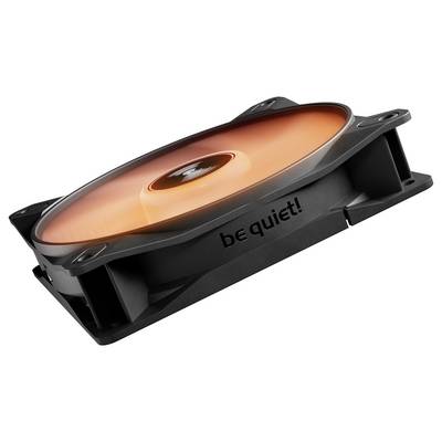 A computer cooling fan with an orange LED light, branded with 'be quiet!', designed for quiet operation and effective cooling performance.