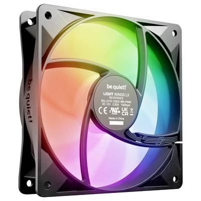 A computer cooling fan with RGB lighting displays colorful, circular patterns. The central hub reads 'be quiet! Light Wings LX'.